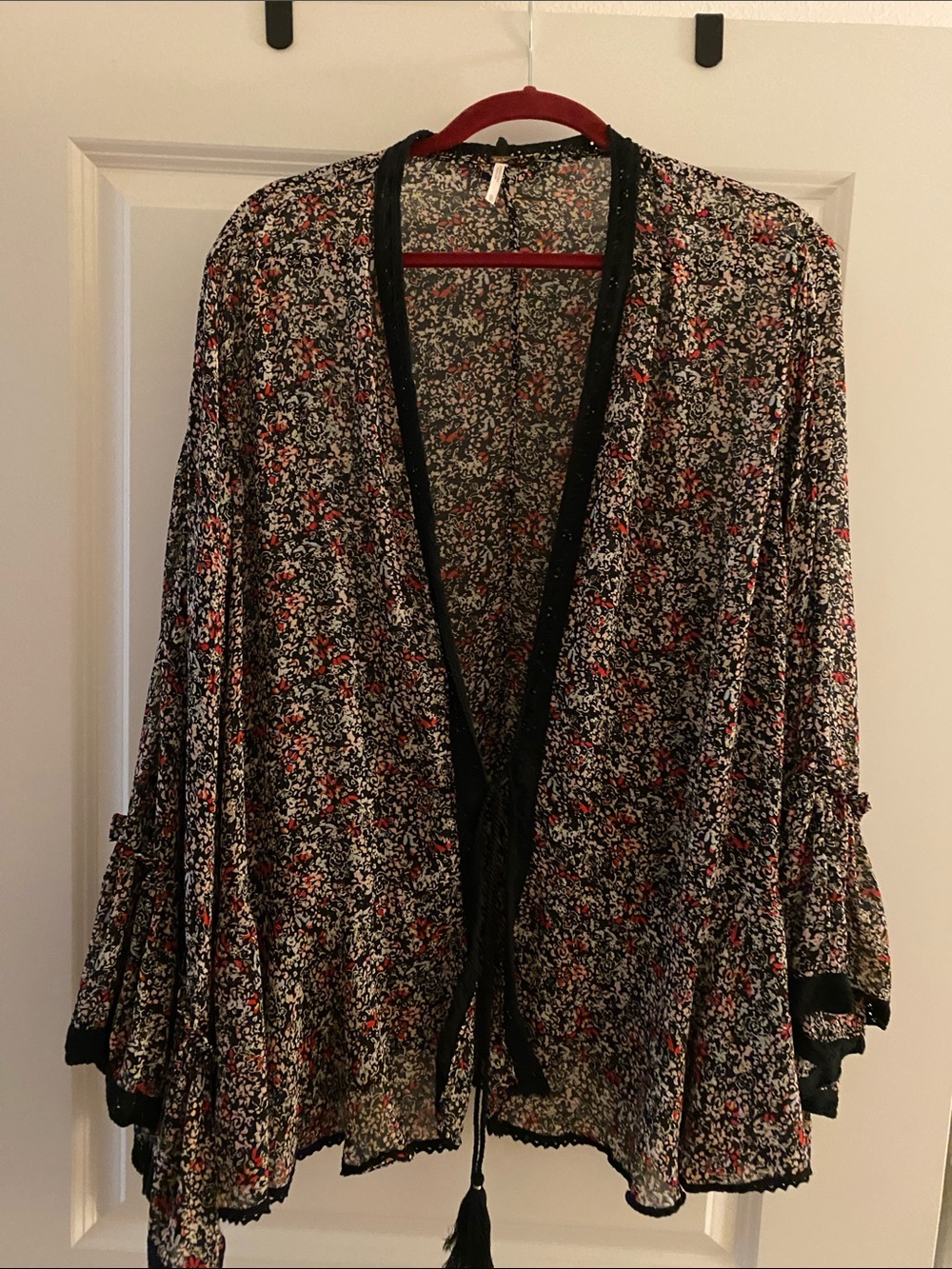 Free People Black Open-Front Floral Kimono Cardigan with Red and White Accents